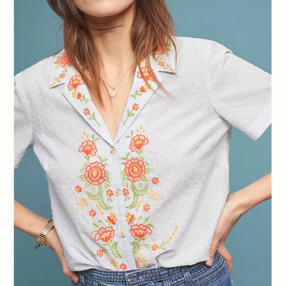 Anthropologie Christie Embroidered Buttondown